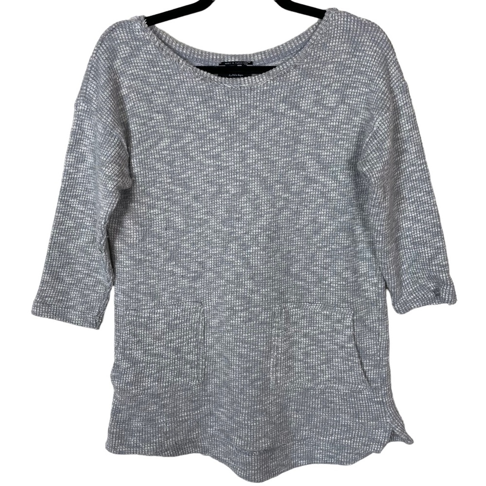 BAR by Melis Kozan Distressed Knit Thermal Pullover Crewneck Pocketed Sweatshirt